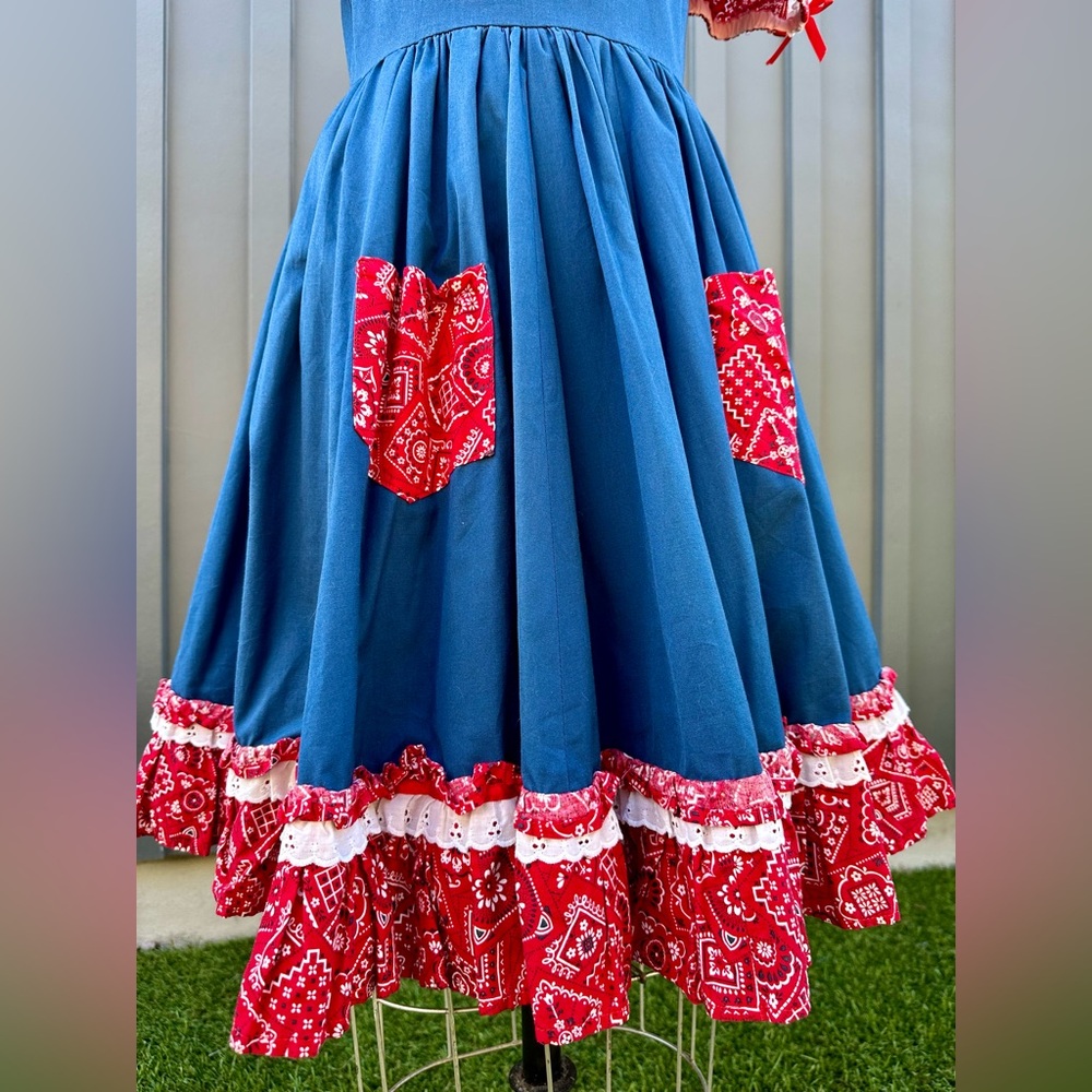 Handmade Vintage Americana Blue and Red Paisley Square Dance Dress - Picture 8 of 8